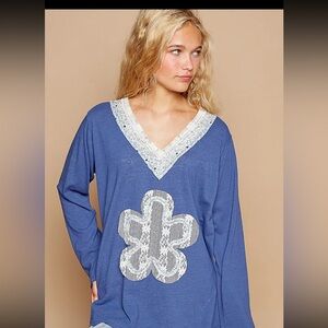 NWOT! POL Blue Long Sleeve Top with White Accents
